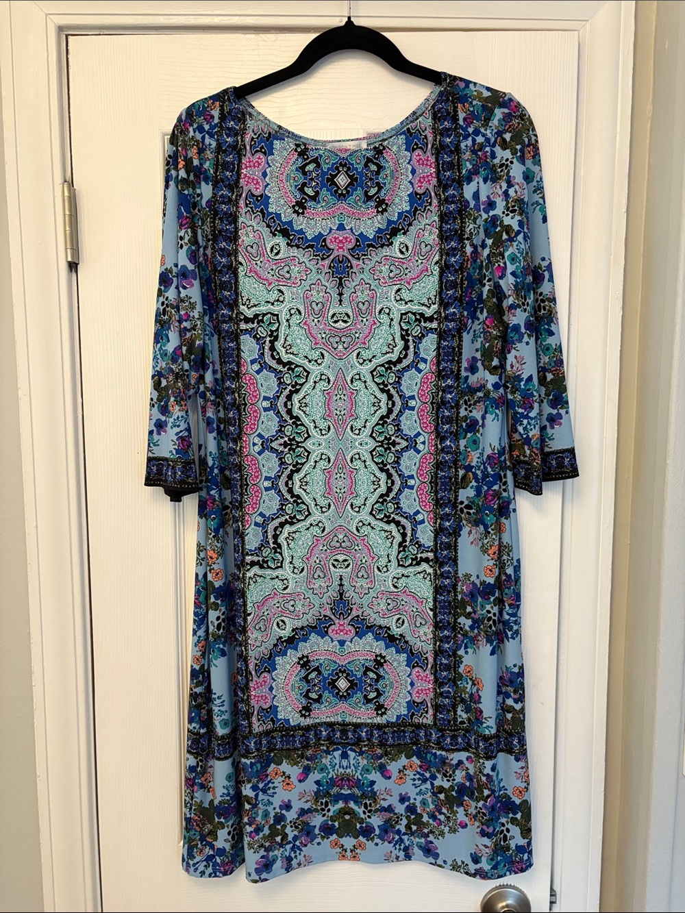London Times Paisley Floral Print Shift Dress 3/4 Sleeve Light Blue Pink Sz 14